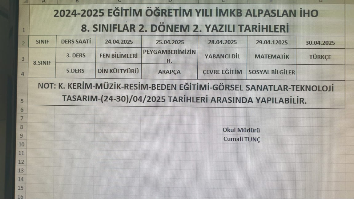8. SINIF 2. DÖNEM 2. YAZILI TARİHLERİ 2025