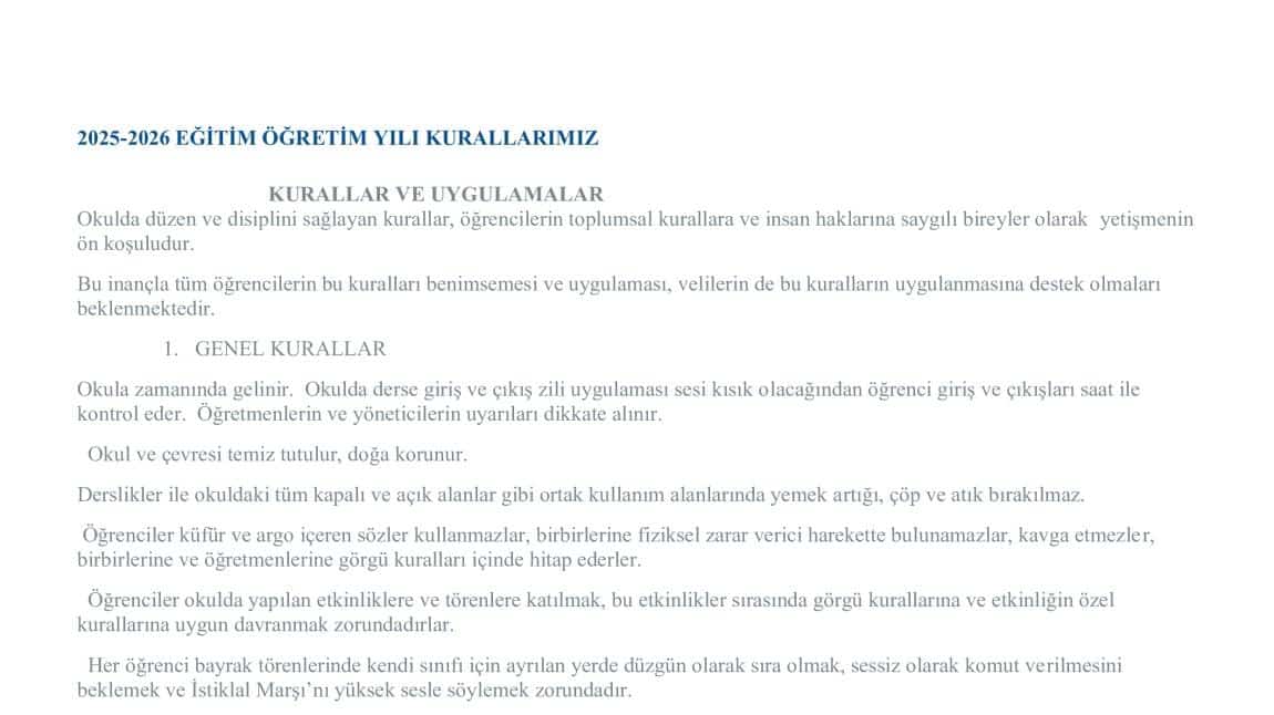 2025-2026 EĞİTİM ÖĞRETİM YILI KURALLARIMIZ